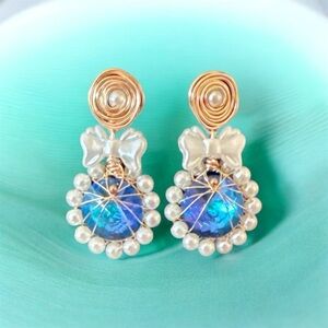 Chic Blue and Gold Wire Wrapped Earrings